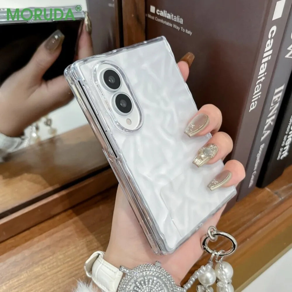 Z Fold8 Transparent INS Water Wave Pattern Pearl Bracelet for Samsung Galaxy Z Fold 8 Ultra 7 6 Lanyard Non-slip Clear PC Cover