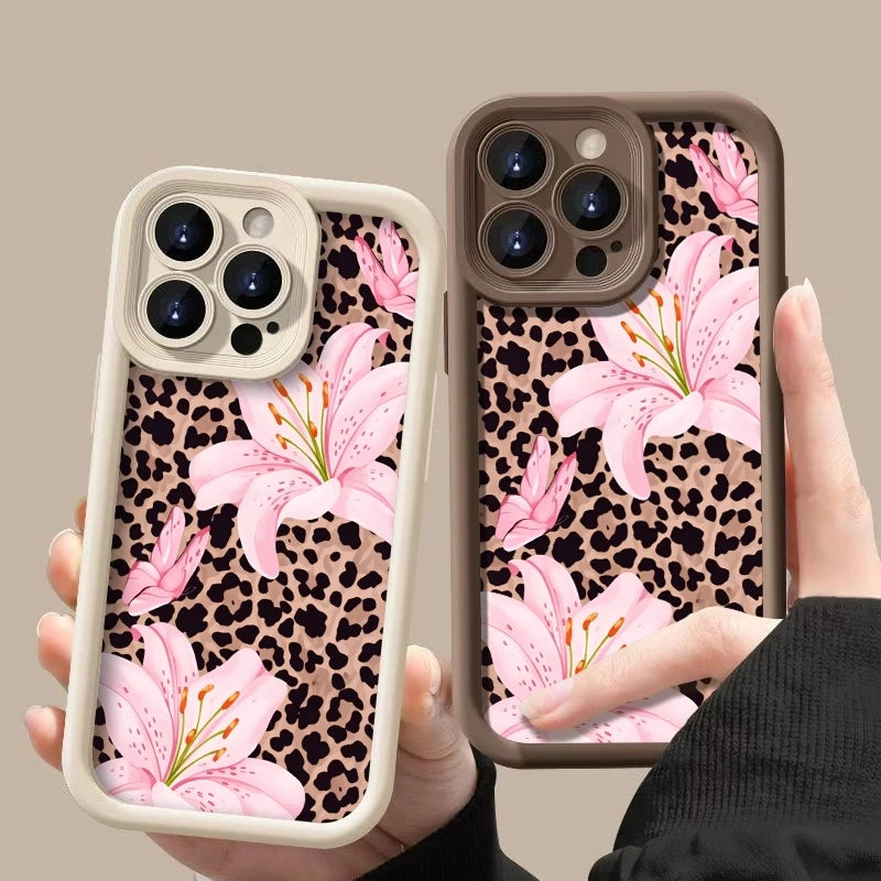 Pink Lily Flower Leopard Print Phone Case For iPhone 17 16 Pro Max 11 13 12 14 15 8 7 Plus XS XR X 16E 17E Shockproof TPU Cover