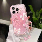 Pink Bow Pattern Chain Case For Samsung Galaxy S25 Ultra S22 S21 S20 Plus S21FE S20FE S25FE A31 Soft Silicone Cover