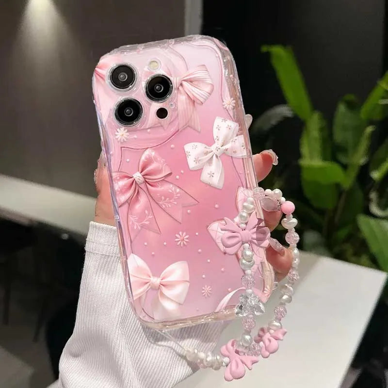 Pink Bow Pattern Chain Case For Samsung Galaxy S25 Ultra S22 S21 S20 Plus S21FE S20FE S25FE A31 Soft Silicone Cover