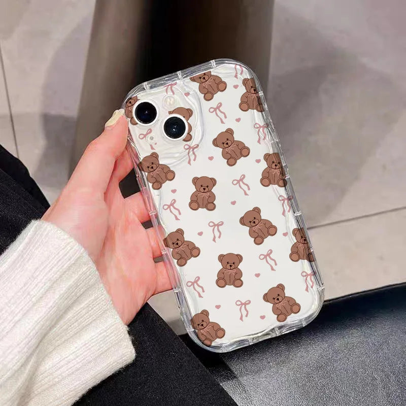 Cute Sweet Bow Bear Case For Samsung Galaxy S25 Ultra S22 S21 S20 Plus S21FE S20FE S25FE A31 Cartoon Silicone Wave Side Cover
