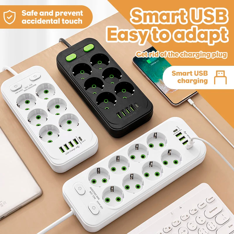 EU Plug AC Outlet Multitap Power Strip 2m Extension Cord Electrical Socket Smart USB Home Office Surge Protector Network Filter