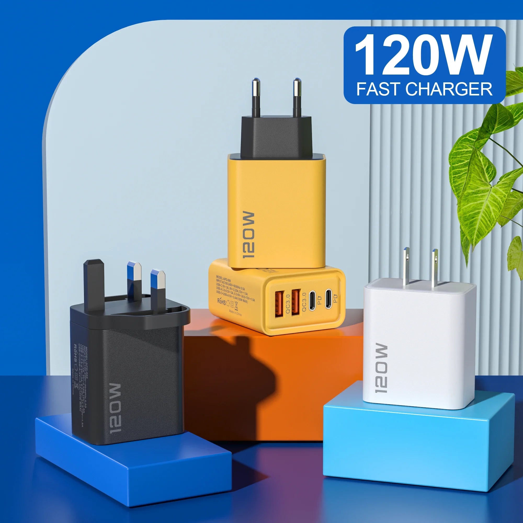 120W 4-Ports USB Type-C Charger Fast Charging Data Cable USB Phone Charger Adapter For Xiaomi IPhone17 16 15 Huawei Wall Charger
