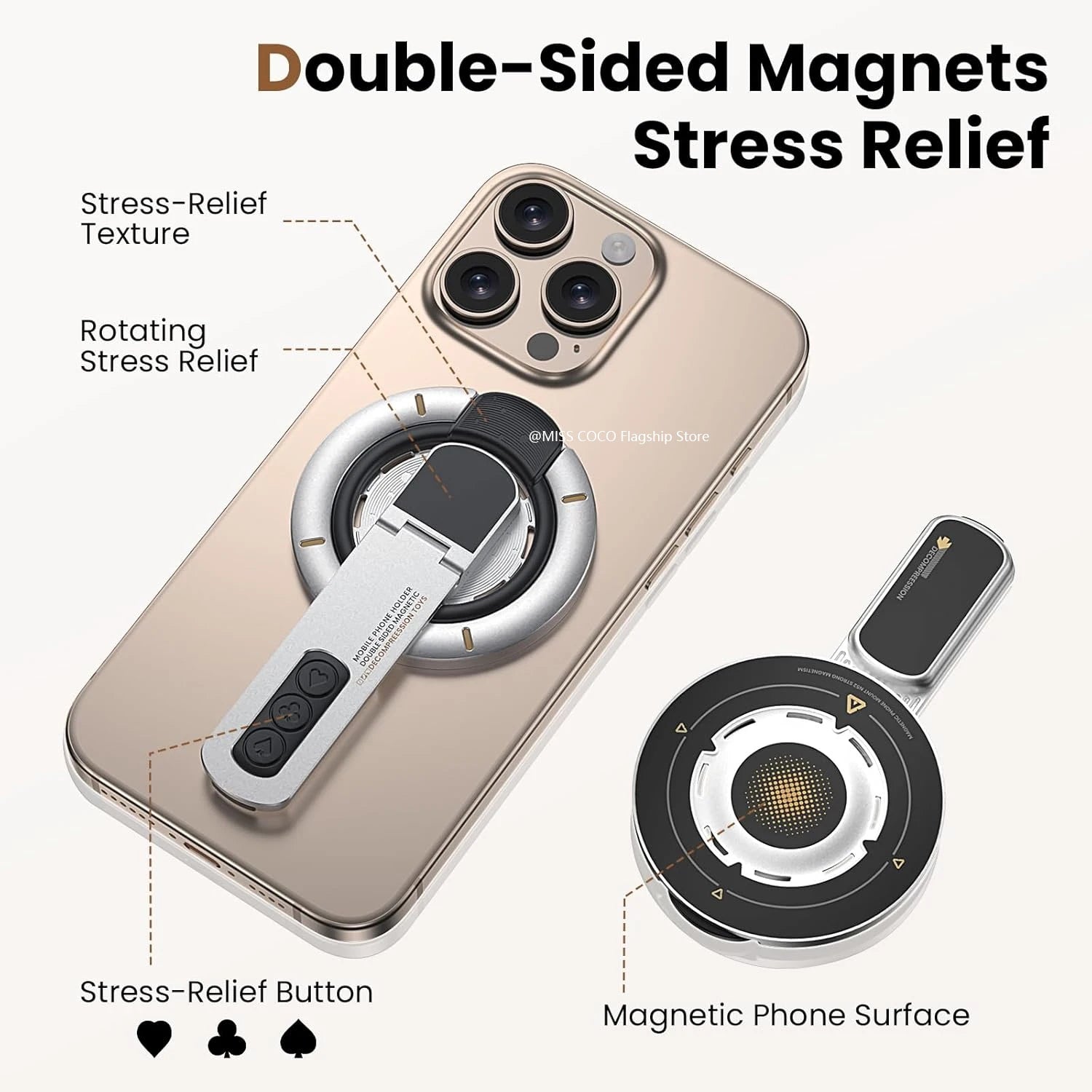 Dual-Sided Magnetic Portable Multi-Function Phone Ring Holder 360° Rotating Desktop Stand Compatible with Multiple Phone Models