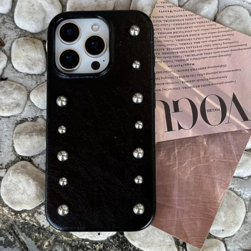 Personality Advanced Silver Round Rivet Solid Color Leather Shock Proof Phone Cover for iPhone 17Pro Max 16 15 14 13 Pro Max Cas