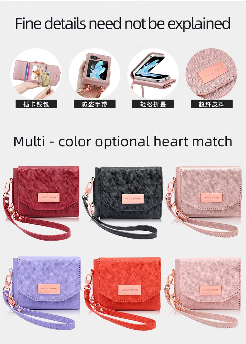 Girls Hand Strap Wallet Leather Phone Case Fit For Samsung Galaxy Z Flip 8 Flip7 6 5 4 3 5g Flip5 Flip4 Flip3 Holder Phone Cover