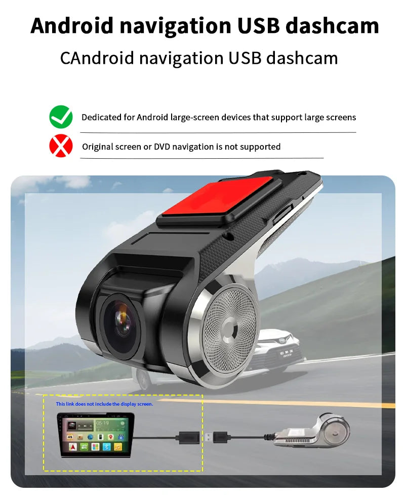 720P USB Dash Cam with ADAS & 170° Wide Angle – HDR/WDR Night Vision for Android Car Player