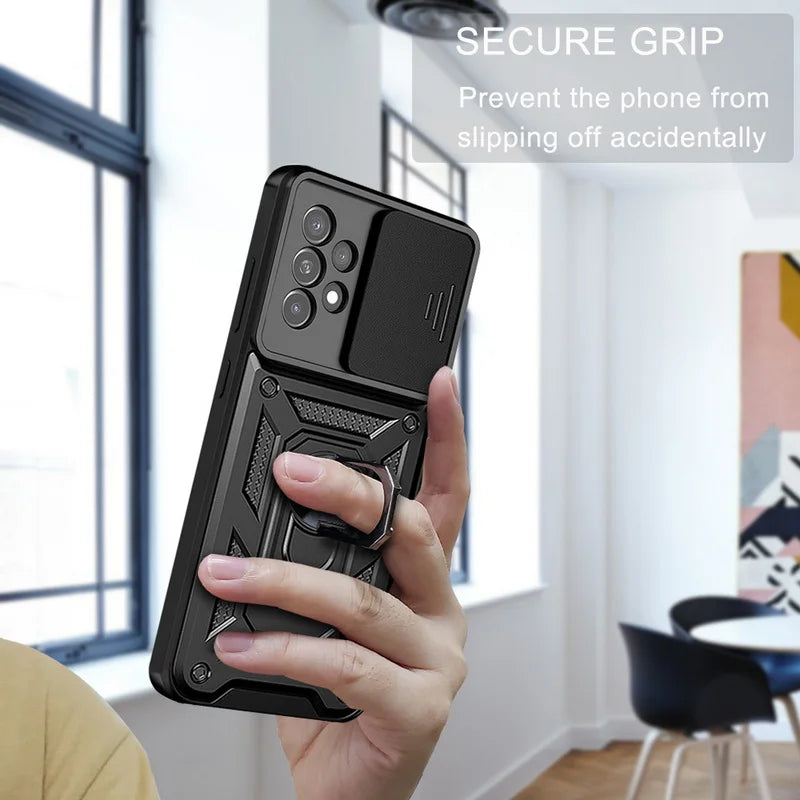 Slide Camera Lens Armor Case For Samsung Galaxy S24 S23 S22 Ultra S21 S20 FE Plus A51 A71 A53 A54 A34 Magnetic Ring Stand Cover