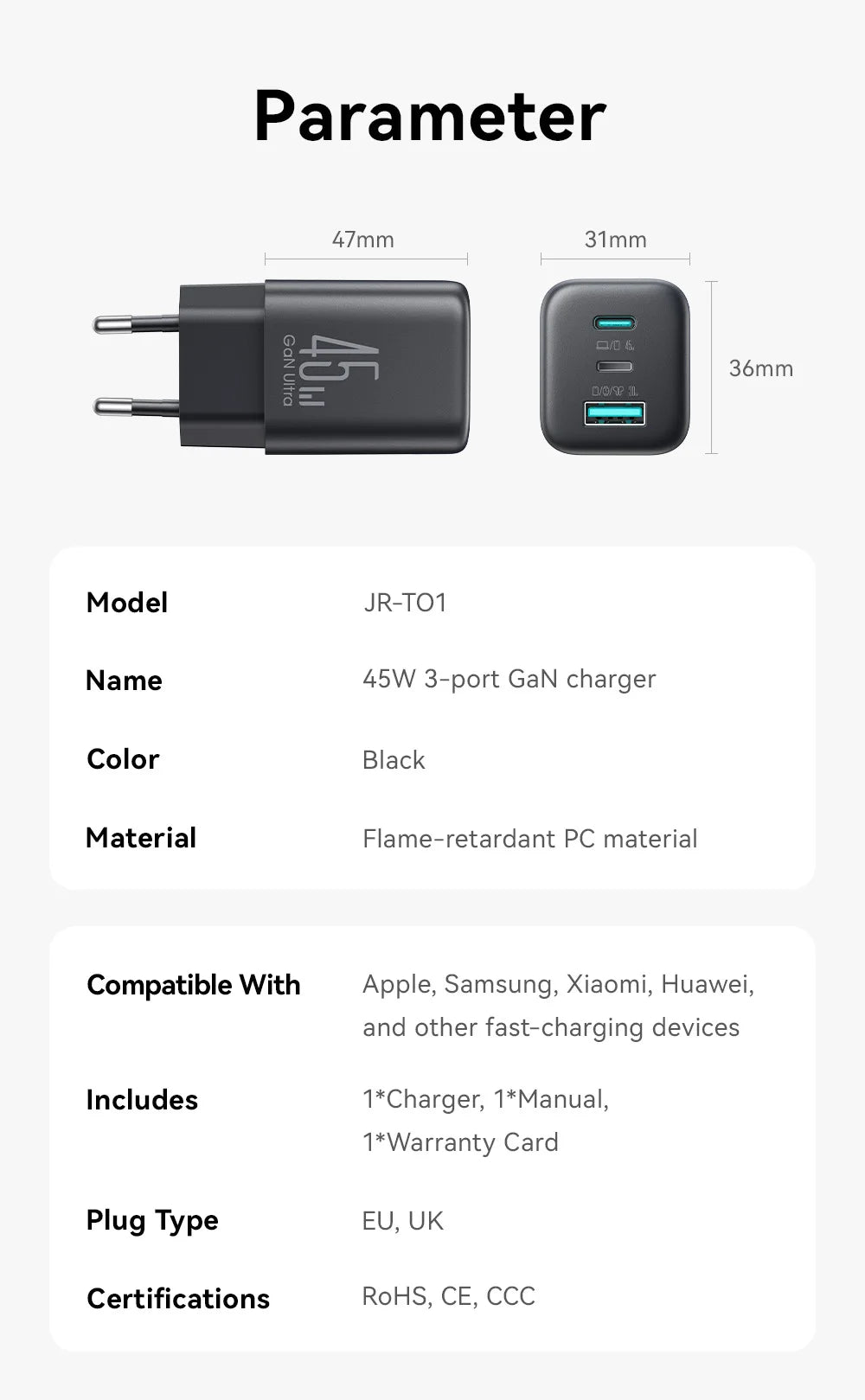 Joyroom 45W USB C/L/A Charger Mini Wall Charger EU UK Adapter Phone Charger for iPhone Earphone Mobile Phone Charger TO1