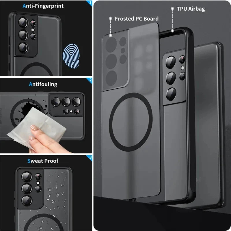 Luxury Magsafe Wireless Charge Case For Samsung Galaxy S20 S21 S22 S23 FE S24 S25 Plus S25 Ultra Shockproof Matte Clear Cover