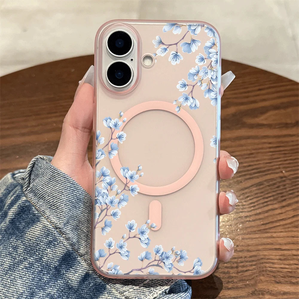 Light Blue Blossom Branch Print Wireless Charging Phone Case For Magesafe iPhone 17 16 15 14 13 12 Pro Max 17 Air Magnetic Cover