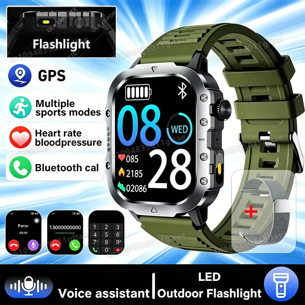2026 New Military-grade Smart Watch Men GPS Flashlight 3ATM Waterproof Watch Bluetooth Call 100+Sport Outdoor Smartwatch Pk Hw12