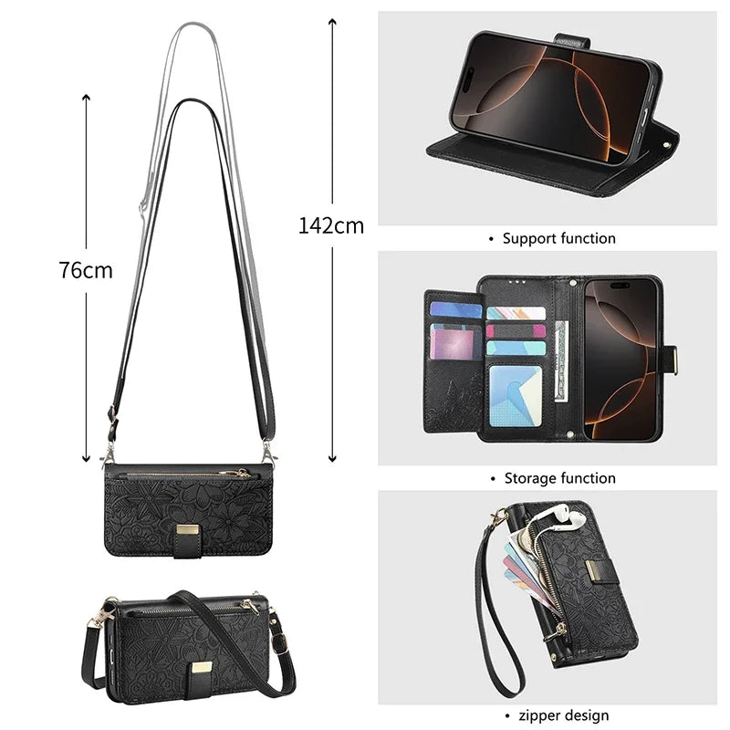 For Samsung Galaxy S26 S25 Ultra S24 S23 FE S22 Ultra Plus A05 A25 A57 A55 A56 A37 Leather Case Crossbody Card Wallet Flip Cover