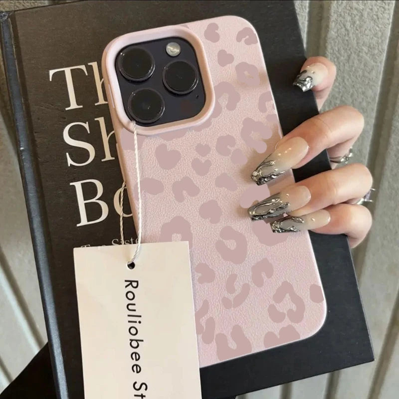 For IPhone 17 16 15 14 13 12 11 Pro Max Case Pink Leopard Print Lichee Pattern Silicone Cover for IPhone XS X XR 16 Plus Fundas