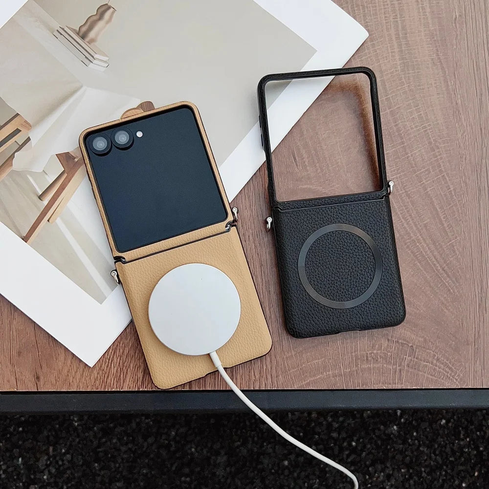 Original Lychee Pattern Leather for Magsafe Wireless Charging Case for Samsung Galaxy Z Flip 8 7 6 5 Strap Anti-drop Slim Cover