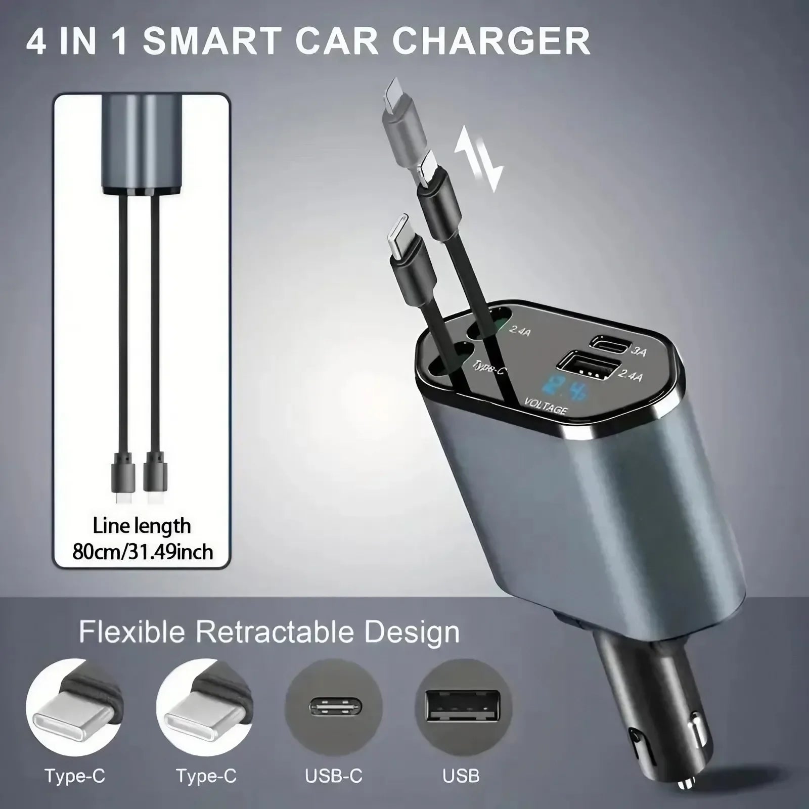 4 in 1 Retractable Car Charger Fast Charging Car Charger  with USB Type-C Cable & 2 Type C Charging Ports, Universal Car Charger