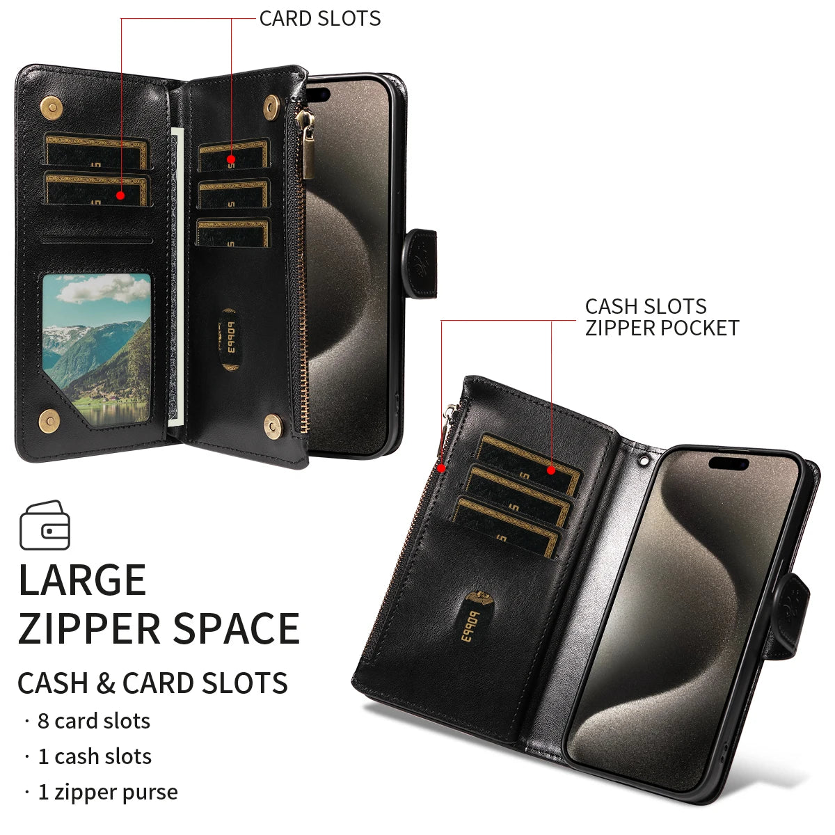 Multi-function Embossed Zipper Phone Case for Iphone 16promax 15 14 13 12 11 7 8 X XS XR PU Leather Flip Wallet Wallet Case
