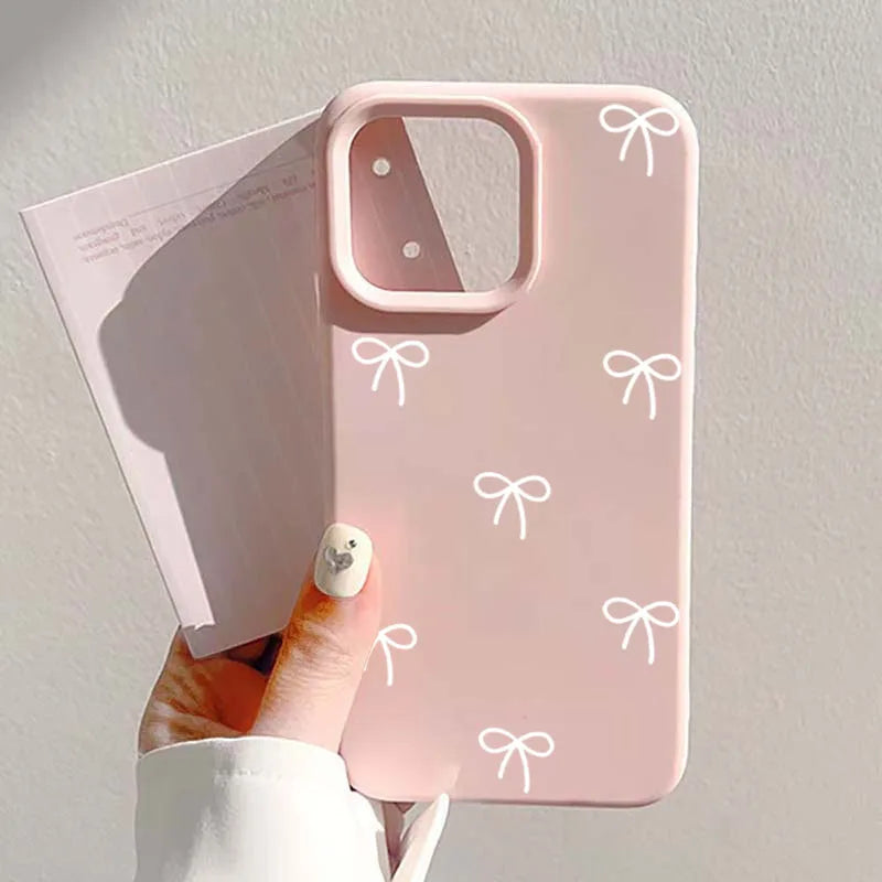 White And Pink Bow Love Heart Print Phone Case For iPhone 17 16 15 Pro Max 14 13 12 11 16 15 Plus 17 Air Shockproof Bumper Cover
