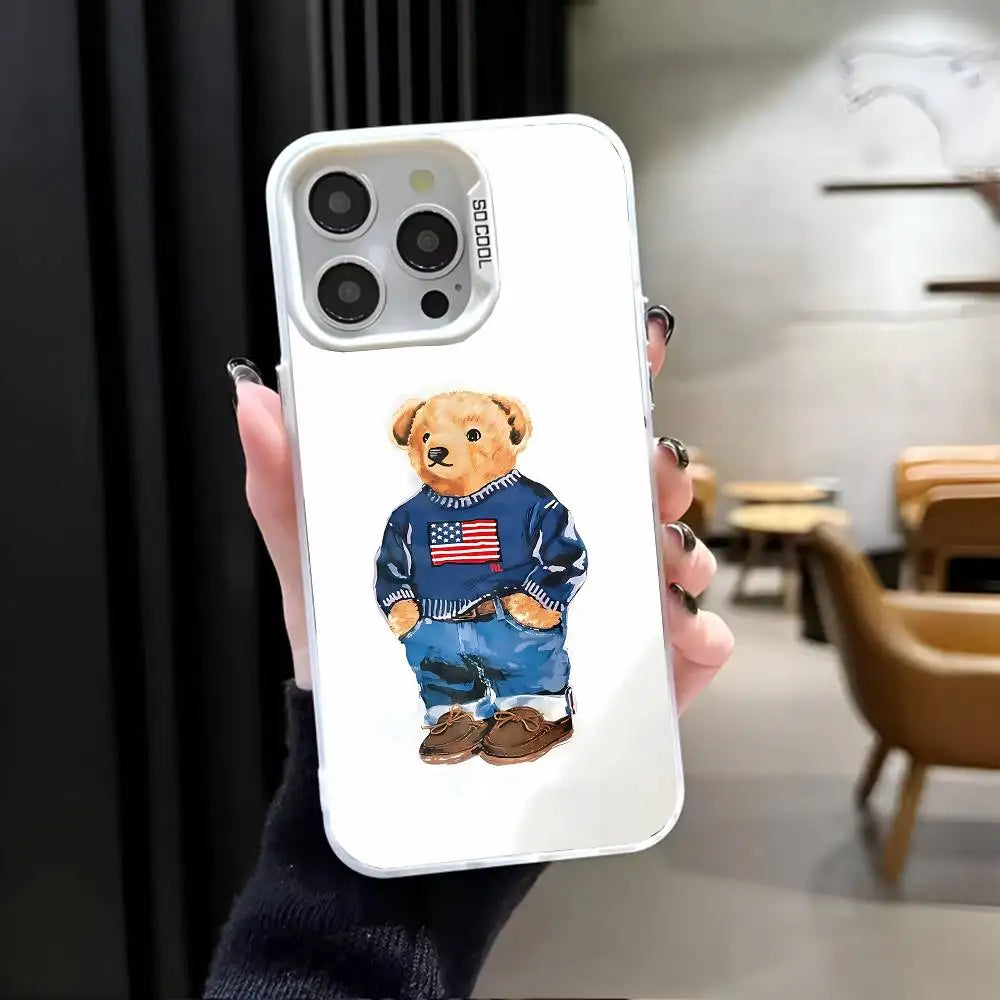 1PC Fashion Bear P-Polo Phone Case For IPhone 17 Air 16 15 14 13 12 11 Pro Max Plus Color Shockproof Back Silver Cove