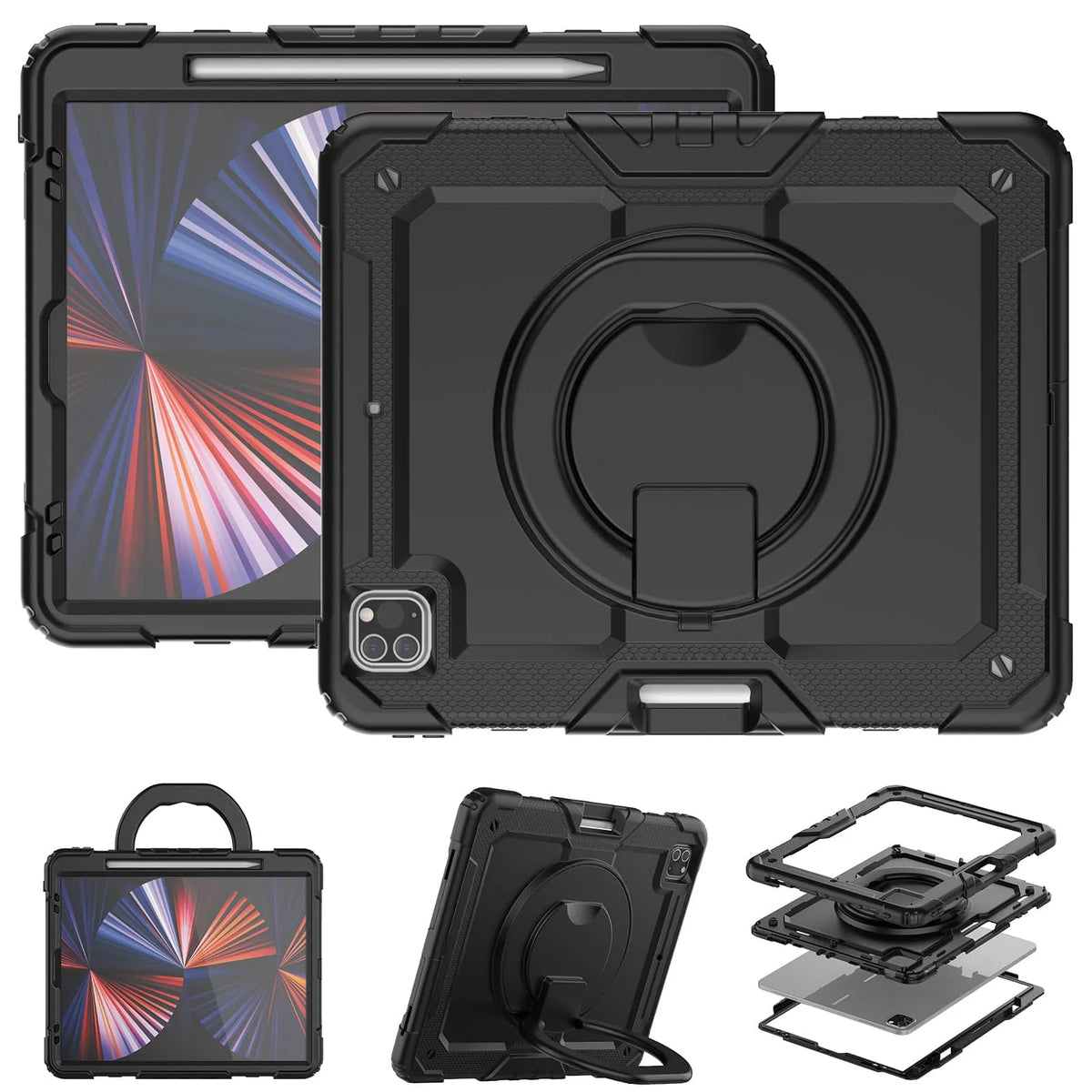 for iPad Pro 12.9'', Military Grade Shockproof Protective Silicone Cover 360 Folding Handle Grip + Handle Shoulder Strap