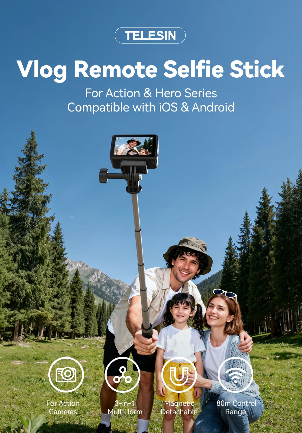 TELESIN Remote Control Wireless Bluetooth Selfie Stick Tripod For DJI OSMO Action 4 5pro 6 360 Gopro 9 10 11 12 13 Smartphone