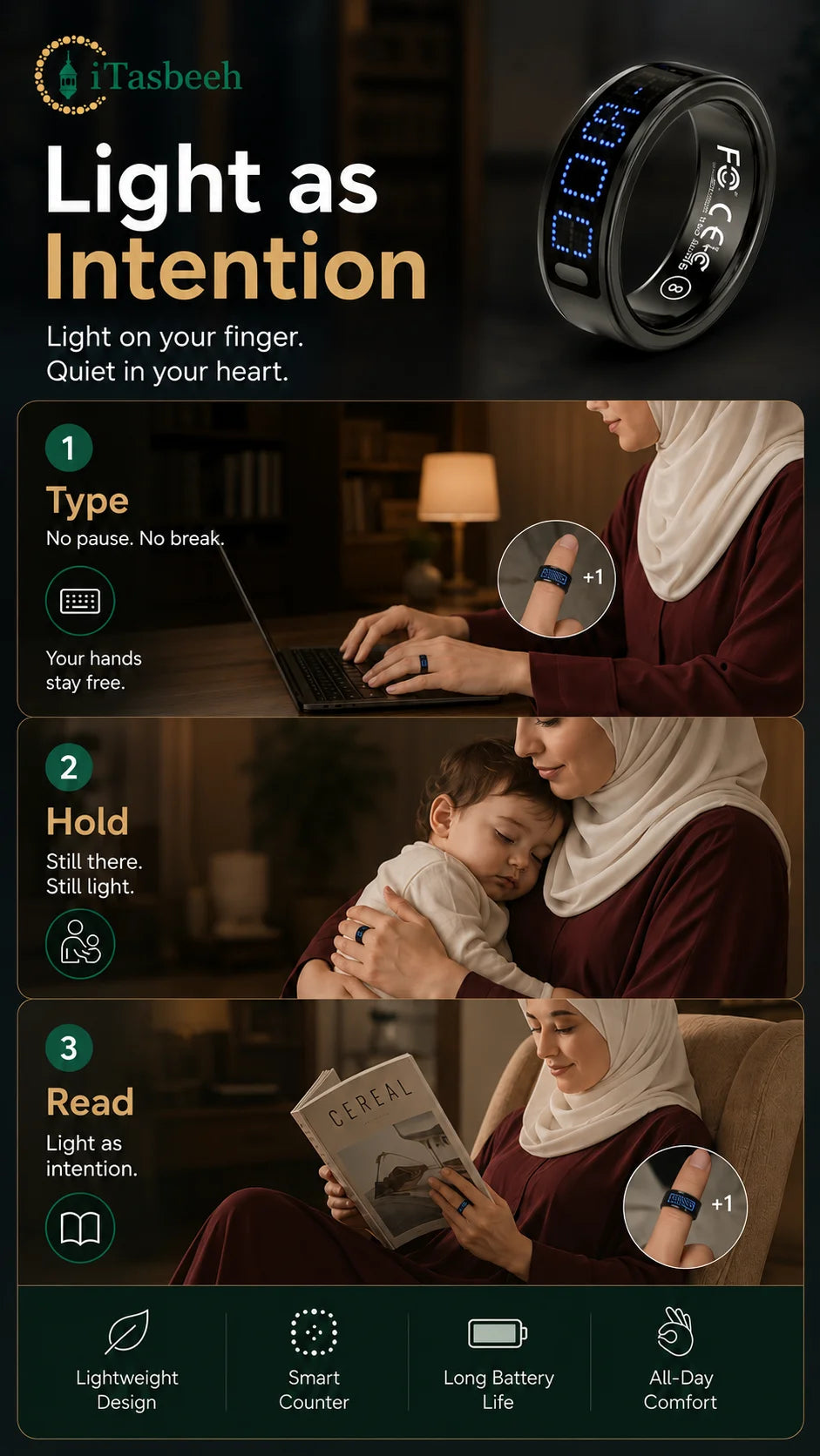 SQ666 Smart Zikr Tasbeeh Steel Ring with Magnetic Charging Case LED Display Comprehensive Health Monitoring Gift