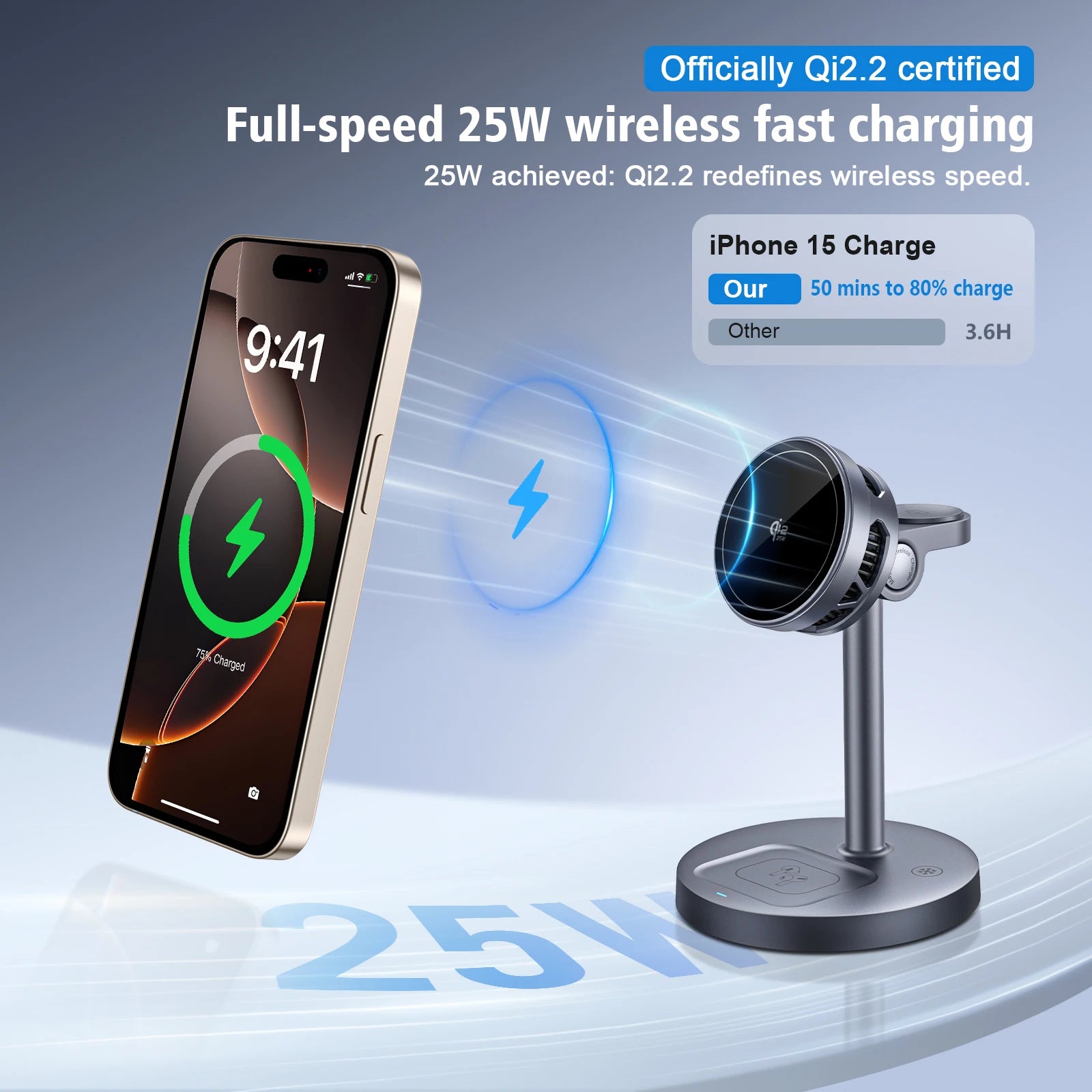 25W Wireless Charging Station with Cooling Fan QI2.2 Wireless Charger Stand for iPhone 17/16/15/14/13/12, Apple Watch, AirPods