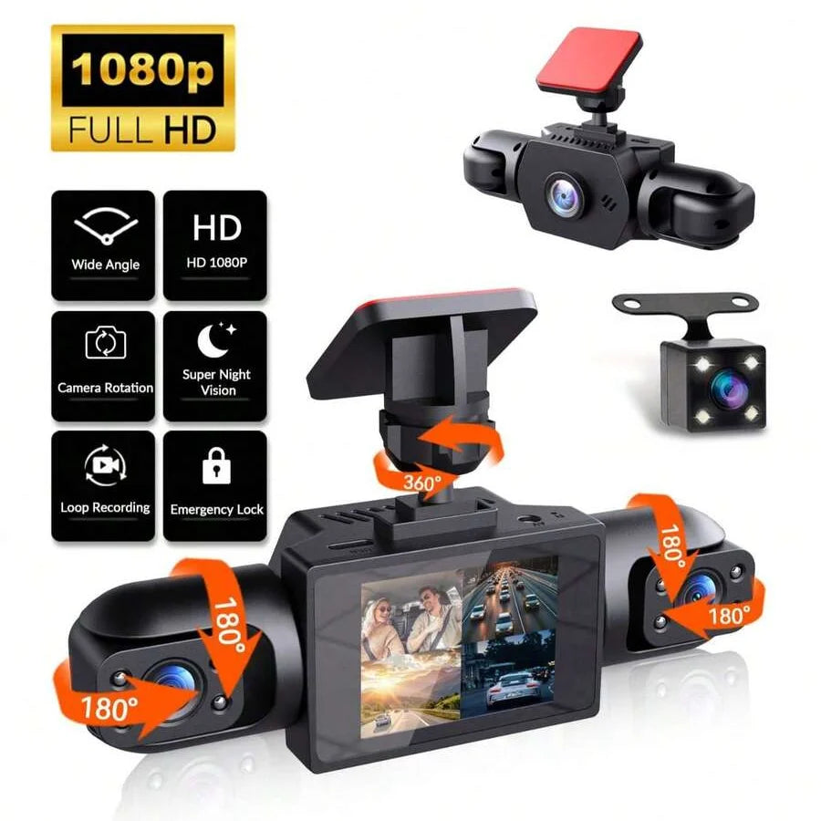 4-Channel 360° Panoramic Dash Cam, 4 Built-in Cameras, 2" IPS Display, Wide-Angle Night Vision, Loop Recording, 150mAh Battery