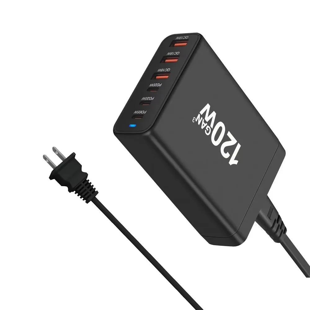 120W GAN Multi USB Charging Station 6-Port Hub Type-C Charger PD Fast Charging Smart Charger for iPhone Samsung Xiaomi