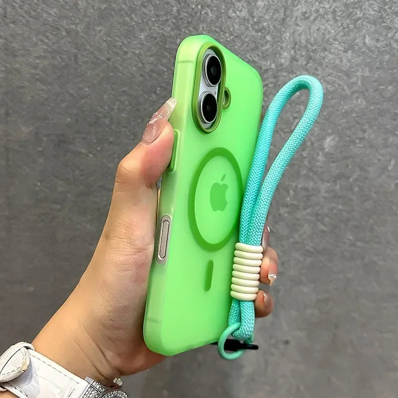 for Magsafe Candy Color Contrast Lanyard Case for iPhone 16 15 14 11 12 13 Pro Max Plus 16e Hand Wrist Strap Matte Soft Cover