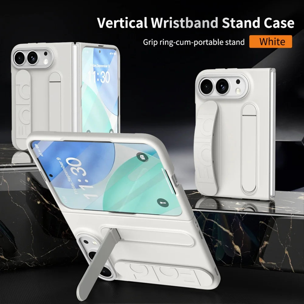For iPhone Duo Cases Luxury Wristband Folding Bracket Case for iPhone Duo 2026 Fold Wrist Strap Built-in Screen Protector Cover