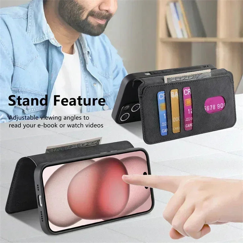 Card Wallet Magnetic 2 In 1 Detachable Flip Card Slots Leather Case For Magsafe iPhone 17 16 15 14 13 12 Pro Max Plus 17Air 16E