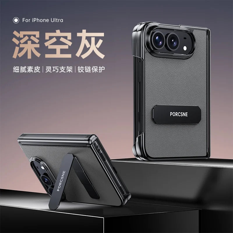 For iPhone Ultra Fold Case Luxury Matte Leather Ultra-Thin Skin-Friendly Folding Hinge Holder Shockproof Back Cover Accessories