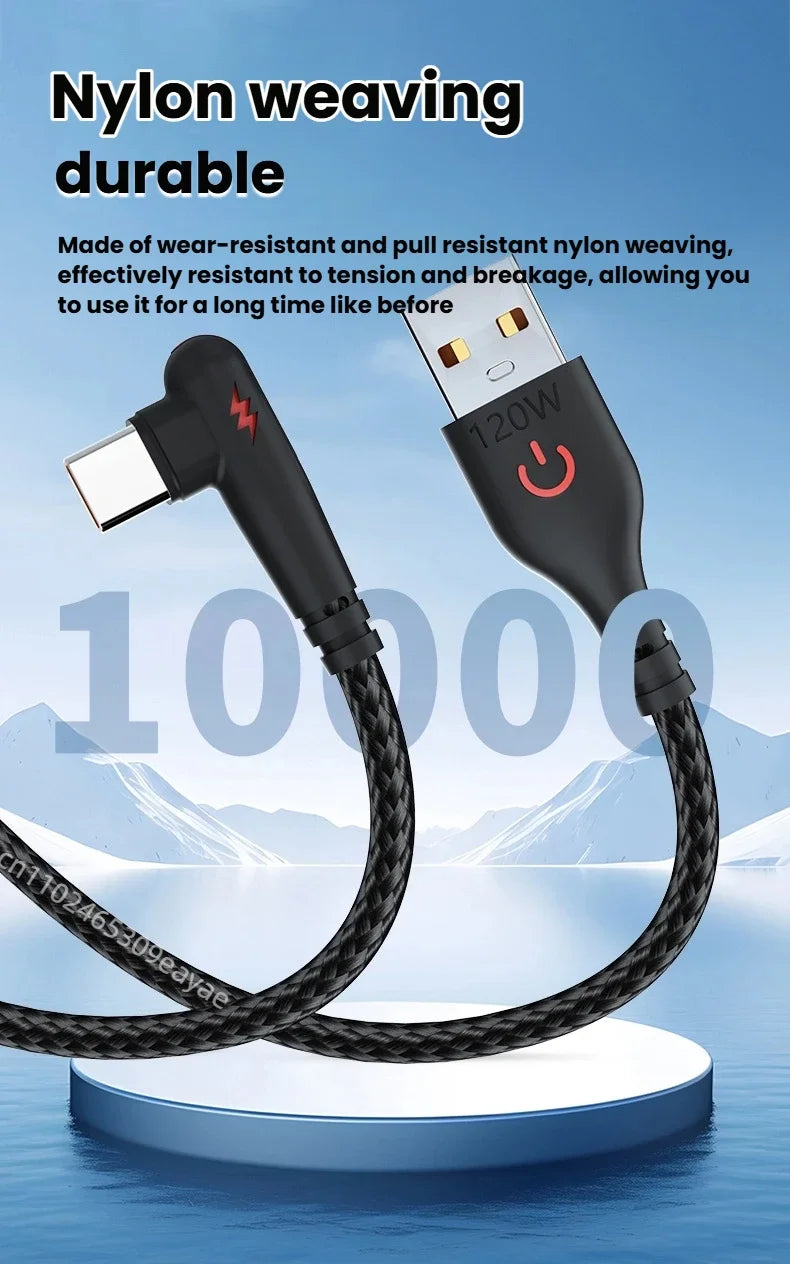 HOMEFISH 90-degree right-angle fast charging cable, compatible with high-speed data transmission of 120W Type-C devices