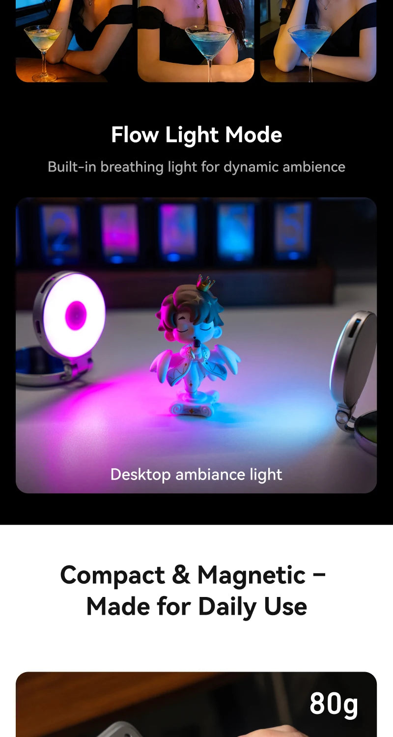 TELESIN Magnetic 360° Rotation RGB Fill Light Mini Selfie Light 3 Mode Adjustable Color Brightness for Smartphone Iphone Android