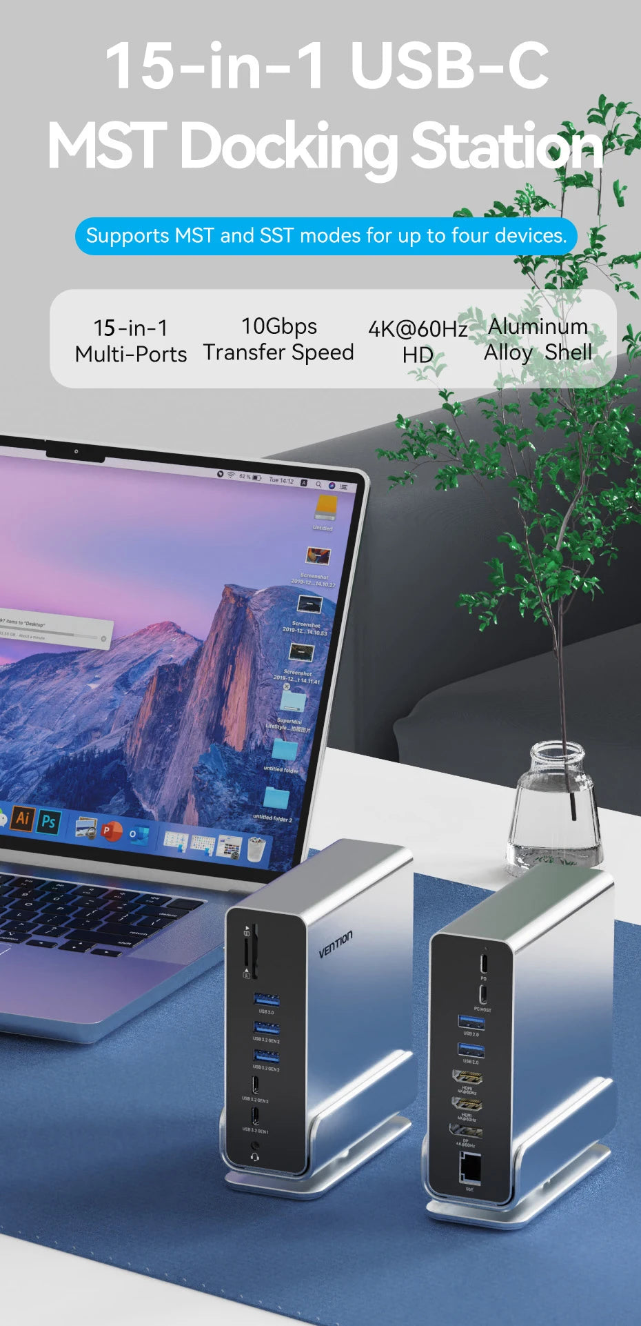 Vention USB C MST Docking Station 15 in 1 4K@60Hz HDMI DP Triple Monitor USB 3.2 HUB PD 100W Adapter for MacBook Win HP Laptop