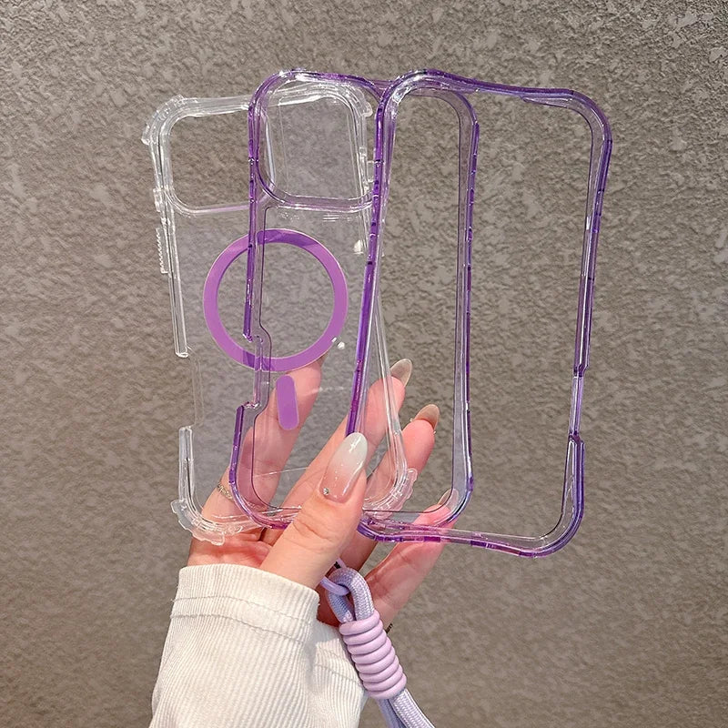 3IN1 Candy Color Clear Shockproof Phone Case for IPhone 17Air 16E 15 14 Plus 13 12 Pro Max Lanyard Magnetic Charge Protect Cover