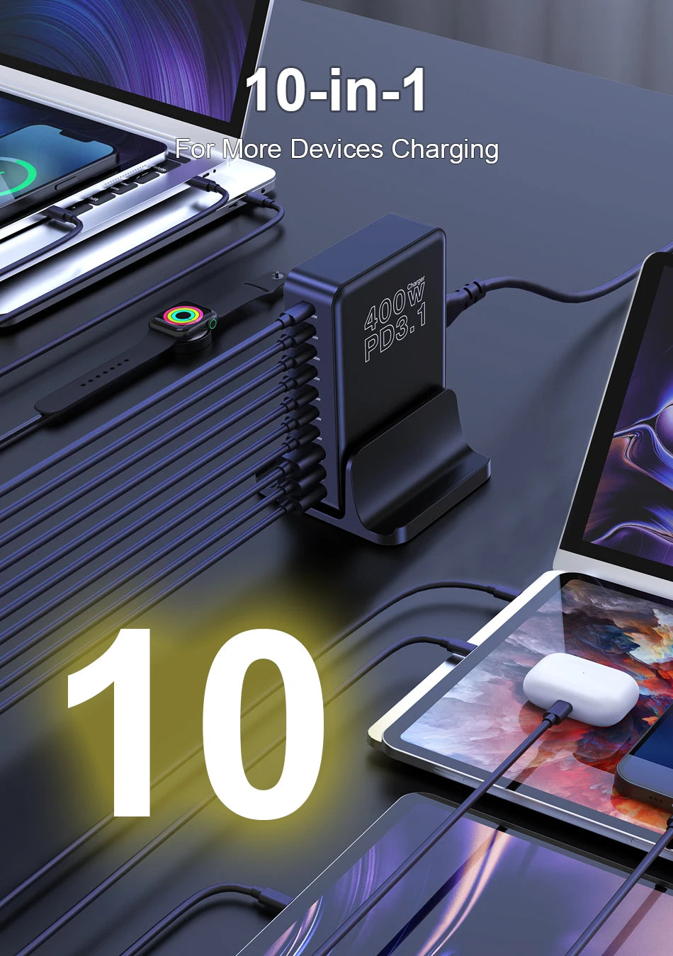 UHOMEBUY 400W USB C Charger 10-Ports GaN Charging Station 140W Max Single Port PD3.1 Fast Charger for MacBook Pro iPhone Samsung