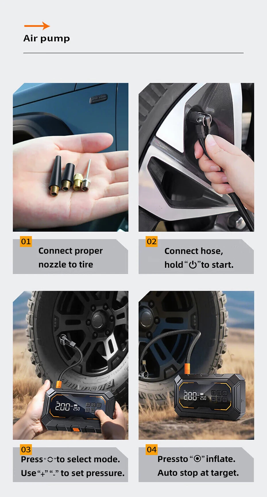 Vyvylabs Car Jump Starter with Air Compressor 150PSI Tire Inflator 4In 1 Emergency Battery Starter Power Bank LED Flashlight 12V