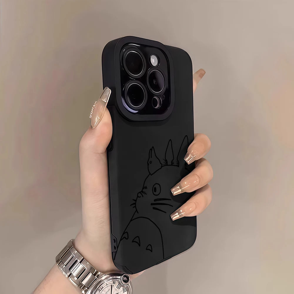 Luxury Leather Lambskin Shockproof Phone Case for IPhone 17 16 Pro Max Air 15 14 13 Max Totoro Line Sketch