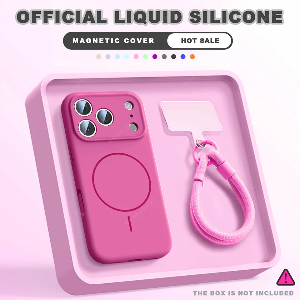Magnetic Wrist Strap Liquid Silicone Phone Case For iPhone 11 12 13 16 17 Pro Max Air 15 14 16 Plus 16E Magsafe Lanyard Cover