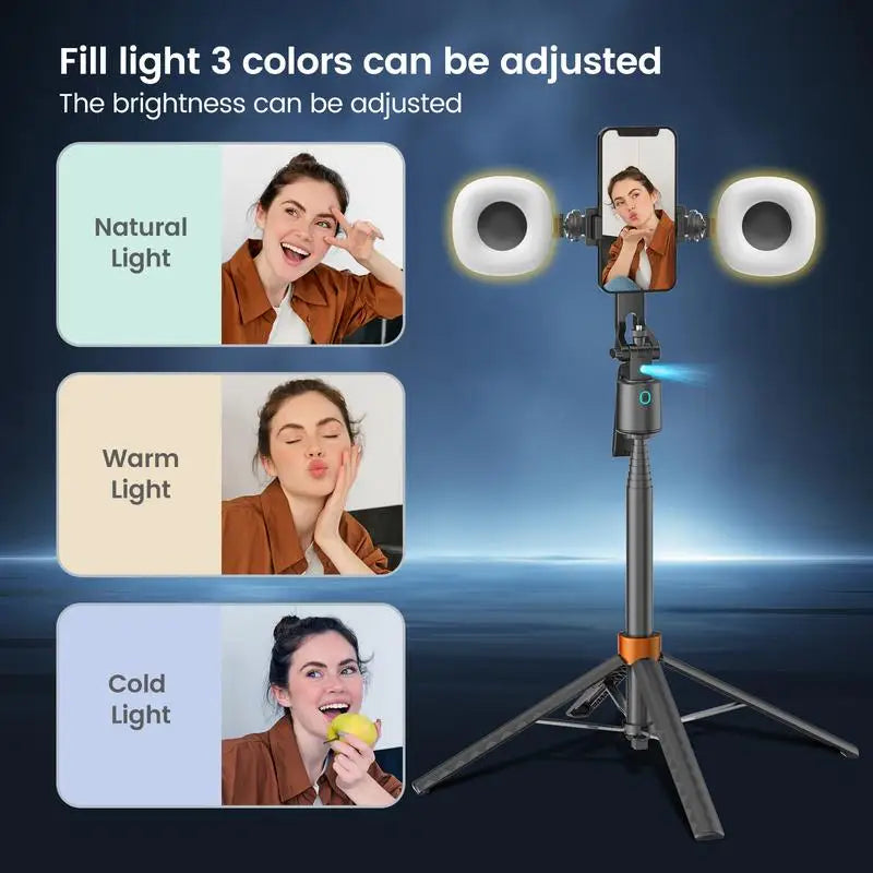 Selfie Stick Tripod Rechargeable Smart Face Tracking Tripod with 2 Fill Light Phone Holder for Live Streaming Vlog 360°Rotatable