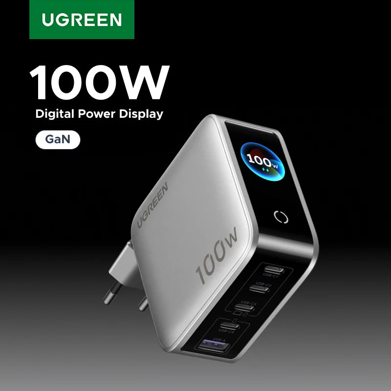 UGREEN 100W GaN Charger With Smart Display QC4.0 PD 3.0 USB C Charger For MacbookPro Laptop iPhone 17 16 Pro iPad Tablet Samsung