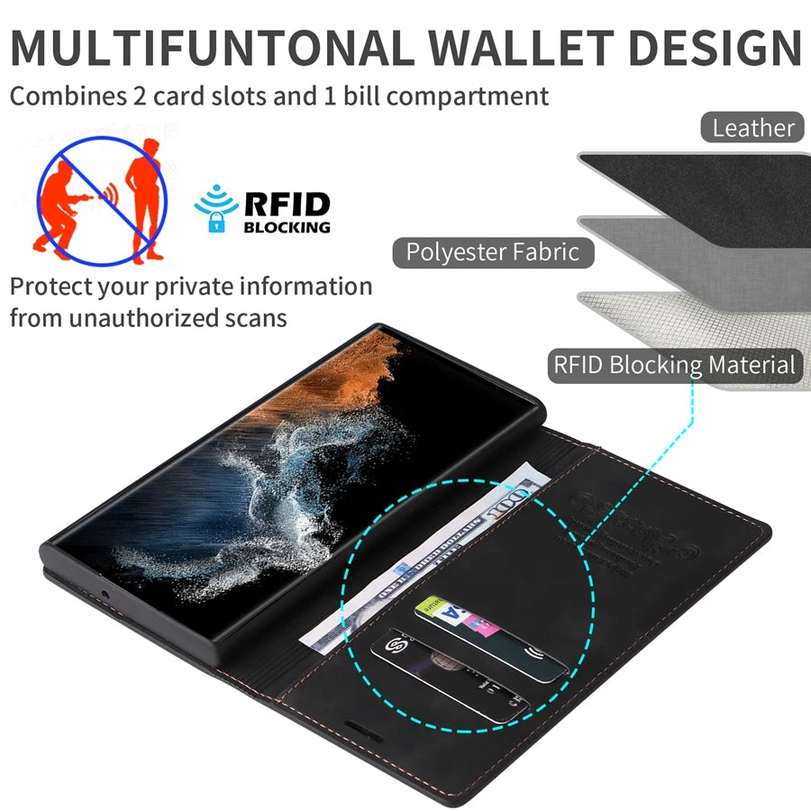 Luxury Wallet Skin Feel Magnetic Flip Card Stand Leather Case For Samsung Galaxy S23 FE S23 Ultra S22 Plus S21 S20 FE S10 S9 S8