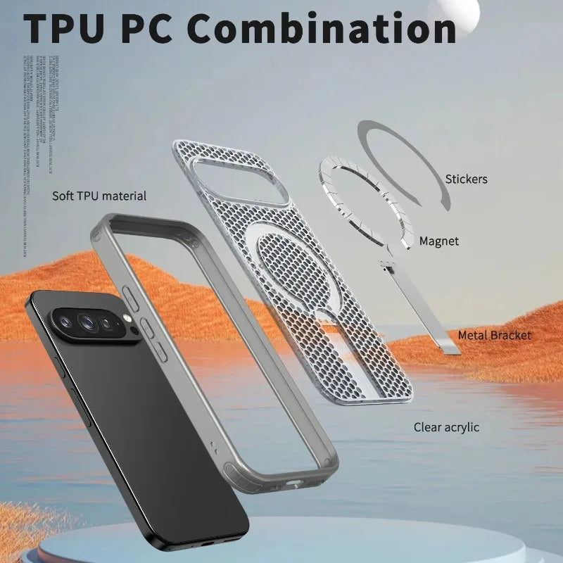 For Google Pixel 10 9 Pro XL 10A 9A Transparent particle heat dissipation PC board bracket magnetic phone case protective cover