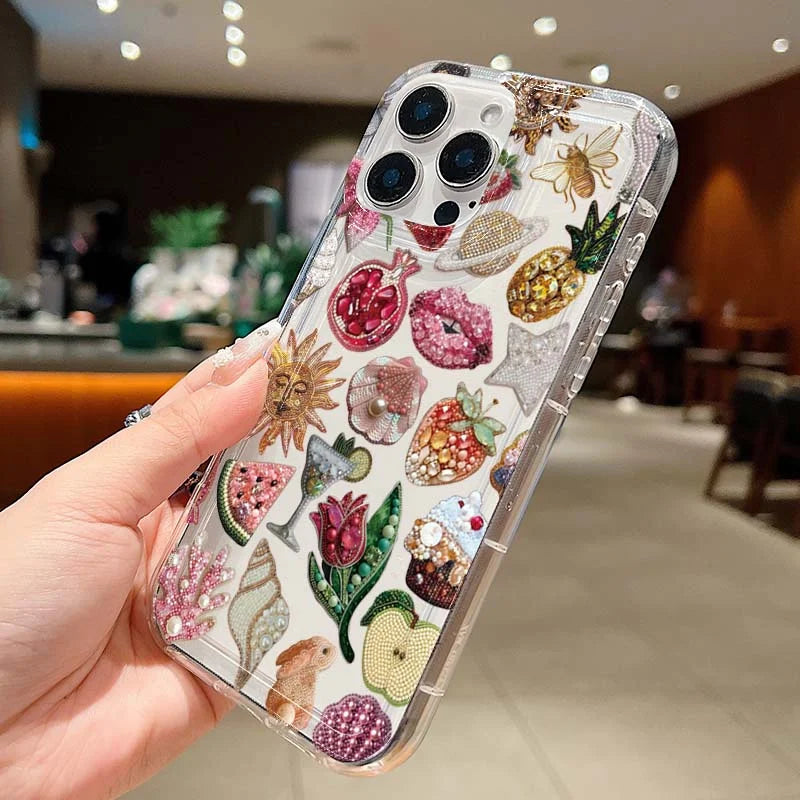 Beaded Pomegranate Sun Phone Case For iPhone 16 17 15 14 13 12 Mini 11 Pro Max 16E X XR 7 8 15 16 Plus SE2 Clear Soft TPU Cover