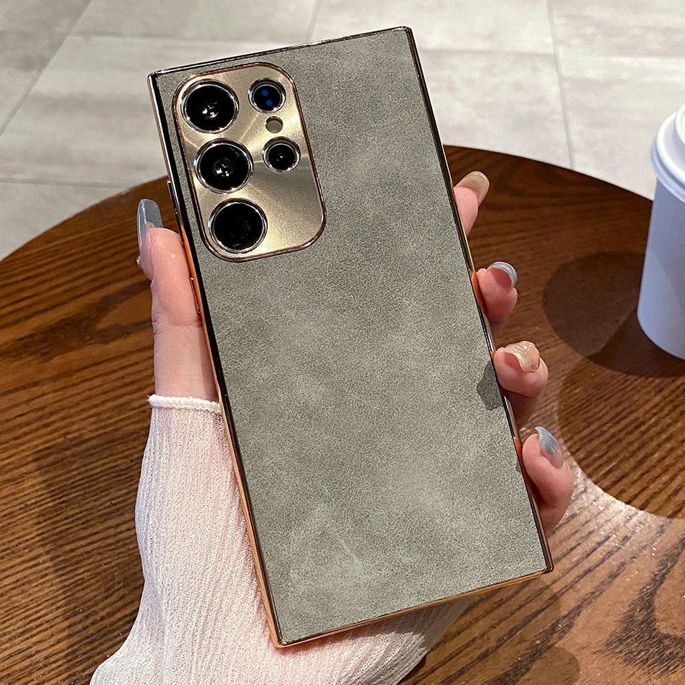 Luxury Plating Matte Suede Leather Case For Samsung Galaxy S26 S25 S24 Ultra S23 S22 Plus Camera Protection Shockproof Cover