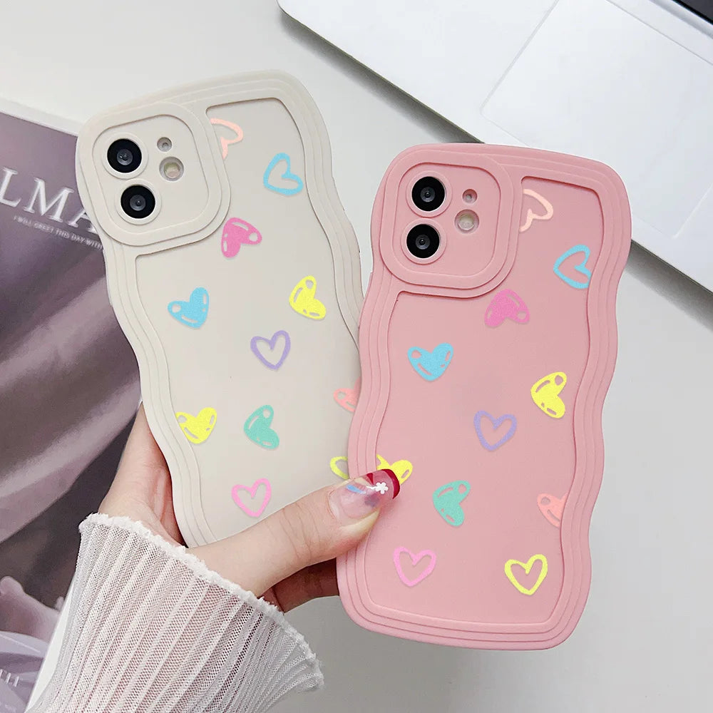 Silicone Phone Case For iPhone 11 6s 16 Plus 13 15 14 Pro Max 12 XR Wave Shockproof Soft Love Heart Cover Funda