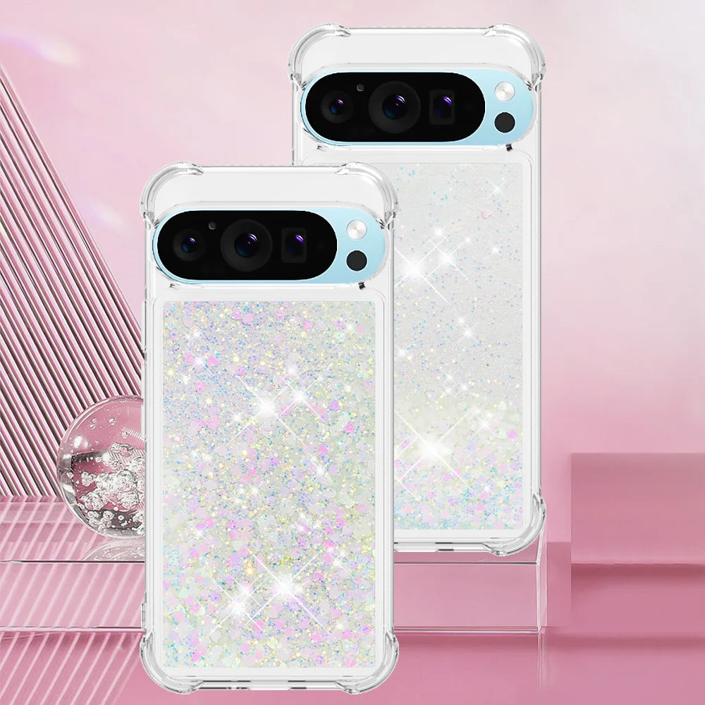 Cute Bling Glitter Liquid Quicksand Phone Case For Google Pixel 10 9 8 Pro XL 9A 8A 7A Anti Fall Protect Clear Soft Back Cover