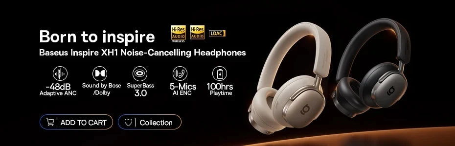Baseus Bass BH1 NC Lite ANC Wireless Headphones 95% Noise Cancelling Headsets Headphone Bluetooth 6.0 80H Over Ear Earphones